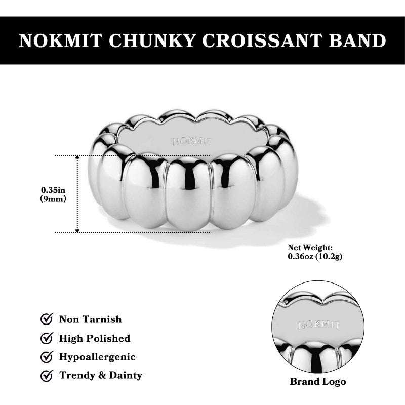 NOKMIT 14K Chunky Silver Statement Rings for Women Cute Puffy Dome Croissant Thumb Band High Polish Non Tarnish Comfort Fit Size 5-10 (A-Silver, 7) - Image 3