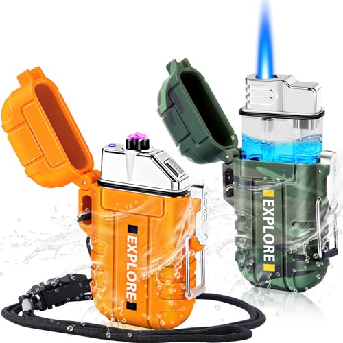 LcFun 2 Pack Waterproof Outdoor Lighter Windproof Torch Lighters Butane Refillable USB Rechargeable Electric Dual Arc Plasma Lighter Hiking Camping Essentials Hunting Gear Fathers Day Dad Gifts - Image 1