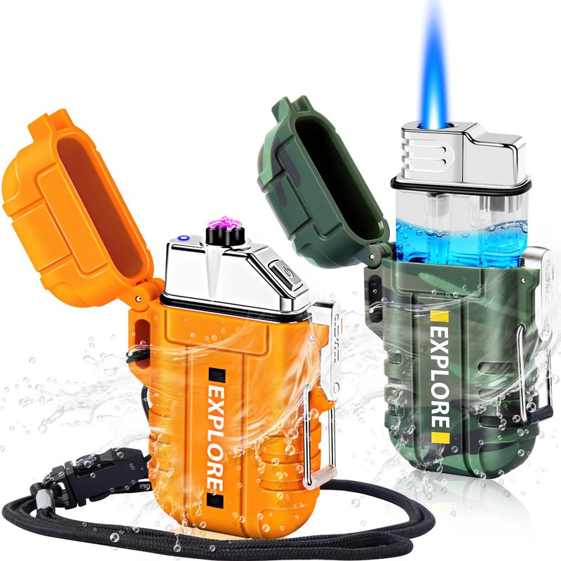 LcFun 2 Pack Waterproof Outdoor Lighter Windproof Torch Lighters Butane Refillable USB Rechargeable Electric Dual Arc Plasma Lighter Hiking Camping Essentials Hunting Gear Fathers Day Dad Gifts - Image 3