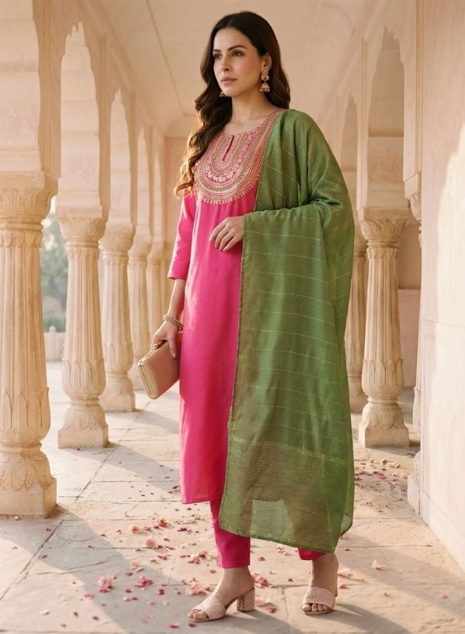 Yuris Pink Embroidered, Three Quarter Sleeve, Round Embroidered Neck, Straight Kurta Set, Side Slit with Solid Dupatta - Image 5