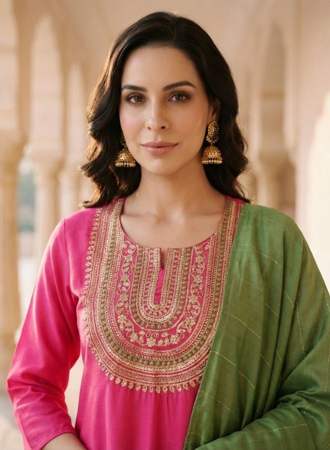 Yuris Pink Embroidered, Three Quarter Sleeve, Round Embroidered Neck, Straight Kurta Set, Side Slit with Solid Dupatta - Image 2