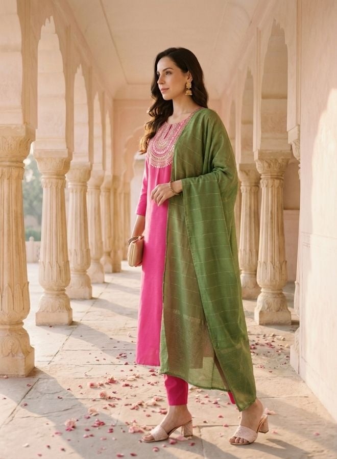 Yuris Pink Embroidered, Three Quarter Sleeve, Round Embroidered Neck, Straight Kurta Set, Side Slit with Solid Dupatta - Image 4