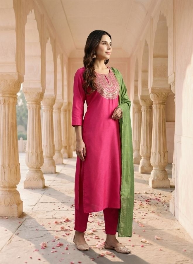 Yuris Pink Embroidered, Three Quarter Sleeve, Round Embroidered Neck, Straight Kurta Set, Side Slit with Solid Dupatta - Image 3
