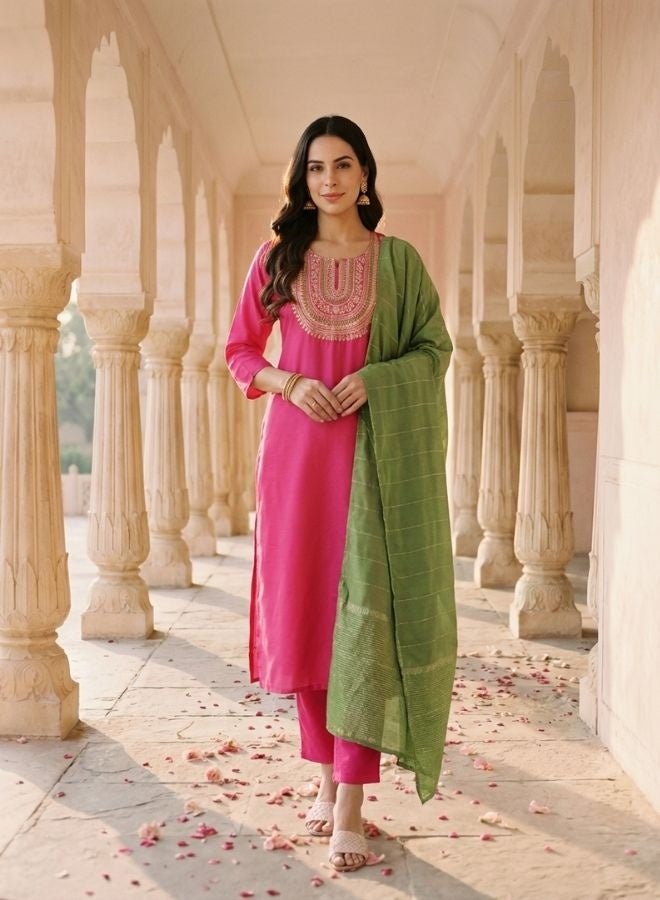 Yuris Pink Embroidered, Three Quarter Sleeve, Round Embroidered Neck, Straight Kurta Set, Side Slit with Solid Dupatta - Image 1
