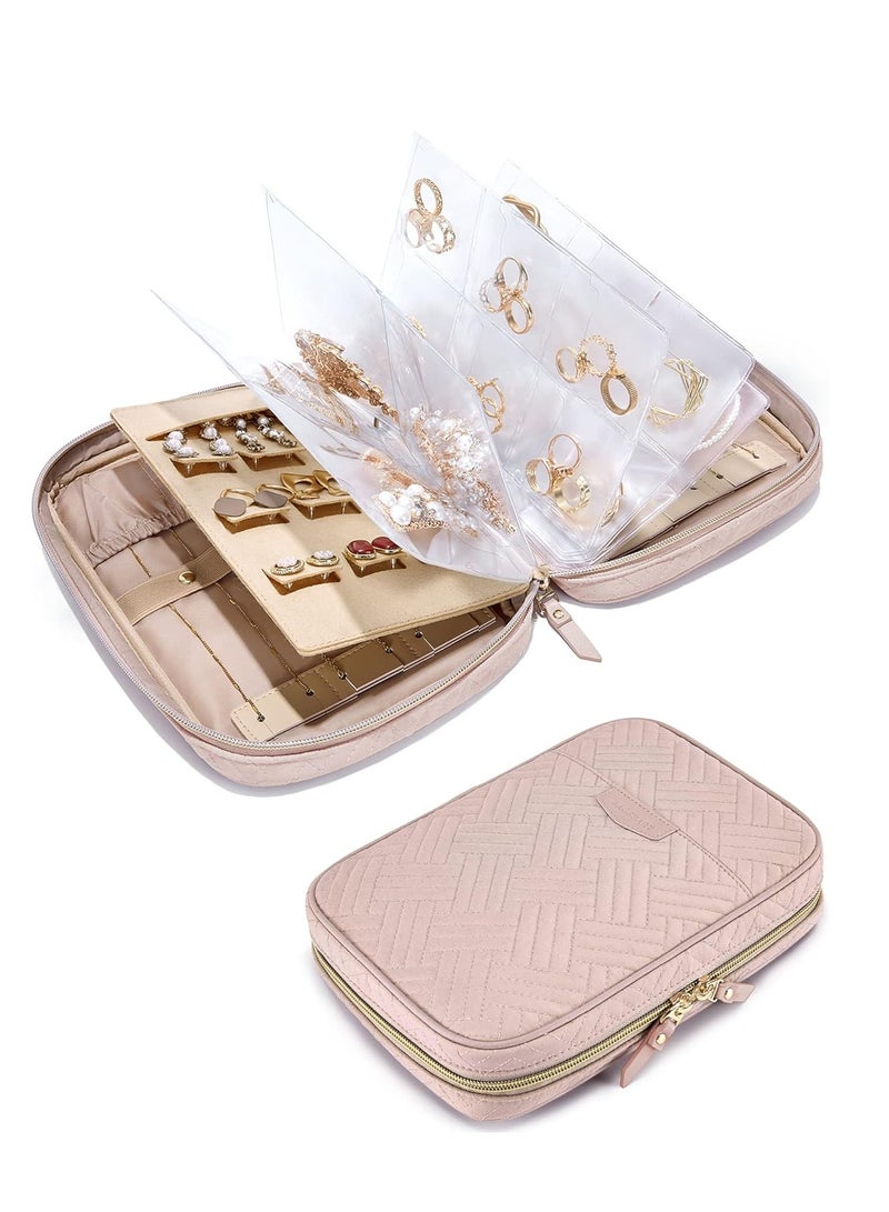 GUDOO Jewelry Travel Organizer Case for Home Jewelry Organizer Storage Ring Binder Jewelry Bags Clear Jewelry Rolls Zipper Pouch Bag for Necklaces, Earrings, Rings, Bracelets, Pink - Image 1
