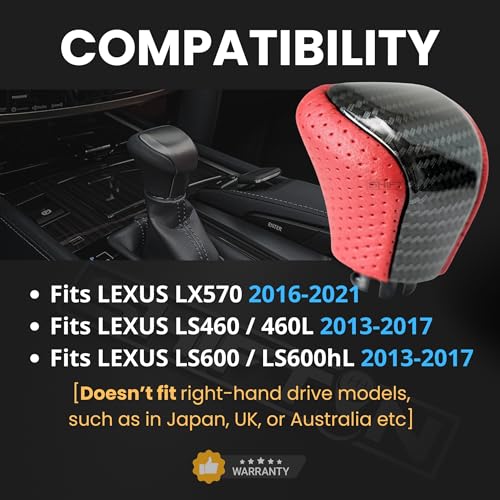 SHIFTIN Leather & Carbon Fiber Wood Trim Gear Shift Knob Gearbox Shifter for Lexus LS460 F-Sport LS-460-L LS600 LS-600h-L and Fits Lexus LX570 LX 570 (Red Nuluxe Leather/Carbon Fiber Pattern) - Image 2