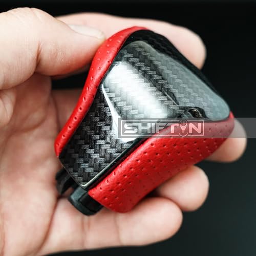 SHIFTIN Leather & Carbon Fiber Wood Trim Gear Shift Knob Gearbox Shifter for Lexus LS460 F-Sport LS-460-L LS600 LS-600h-L and Fits Lexus LX570 LX 570 (Red Nuluxe Leather/Carbon Fiber Pattern) - Image 3
