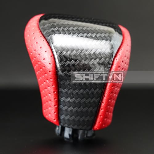 SHIFTIN Leather & Carbon Fiber Wood Trim Gear Shift Knob Gearbox Shifter for Lexus LS460 F-Sport LS-460-L LS600 LS-600h-L and Fits Lexus LX570 LX 570 (Red Nuluxe Leather/Carbon Fiber Pattern) - Image 5