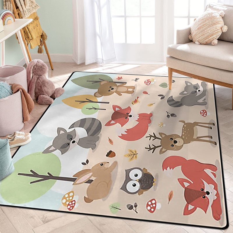 ALALAL Cartoon Forest Animals Area Rug Cute Woodland Deer Rabbit Bear Fox Owl Bird Rugs for Nursery Children Kids Girls Room Playroom Living Room Home Decorative 7x5 80 x 60 in Pink