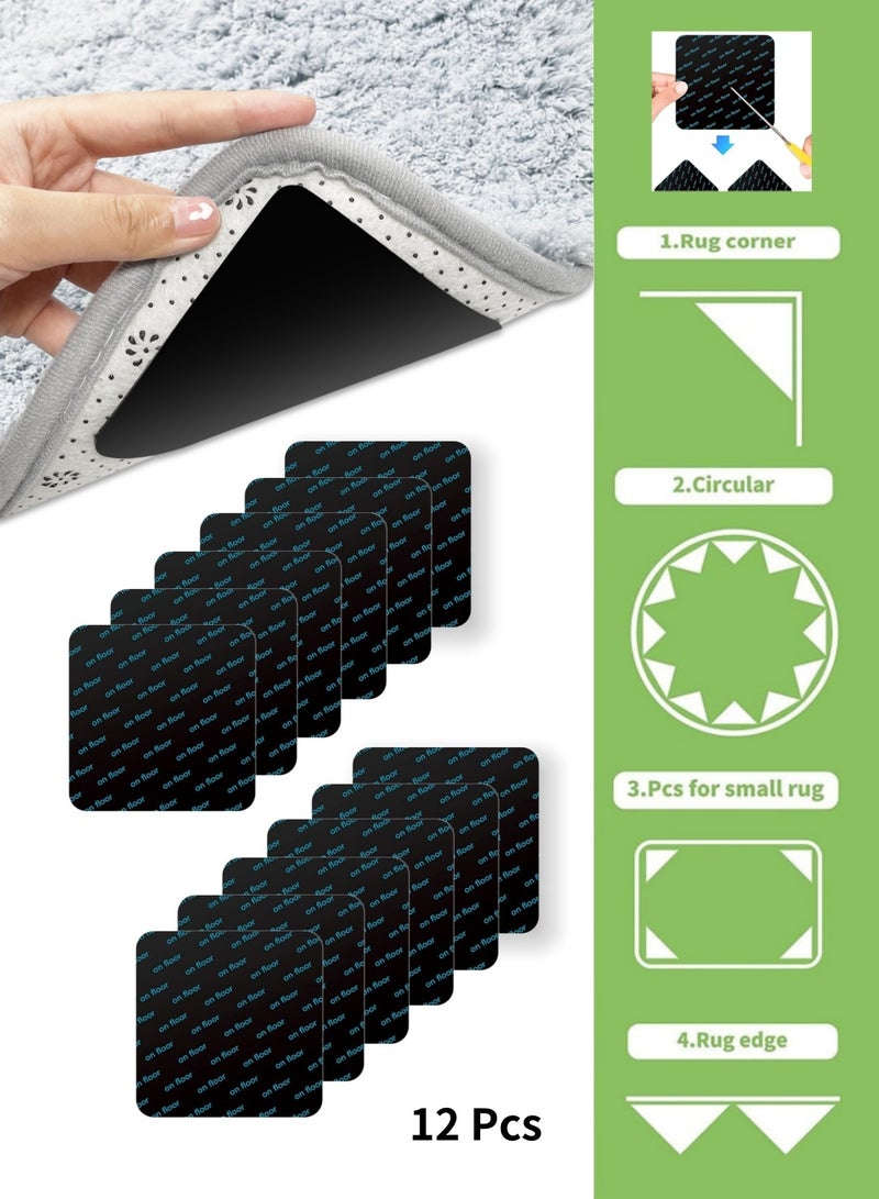 Mmmon 12Pcs Non-Slip Rug Tape, Double-Sided Carpet Grips, Rug Gripper & Carpet Tape for Secure Mats, Reusable (4" x 4") No Adhesives, Stops Carpet Sliding - Image 1