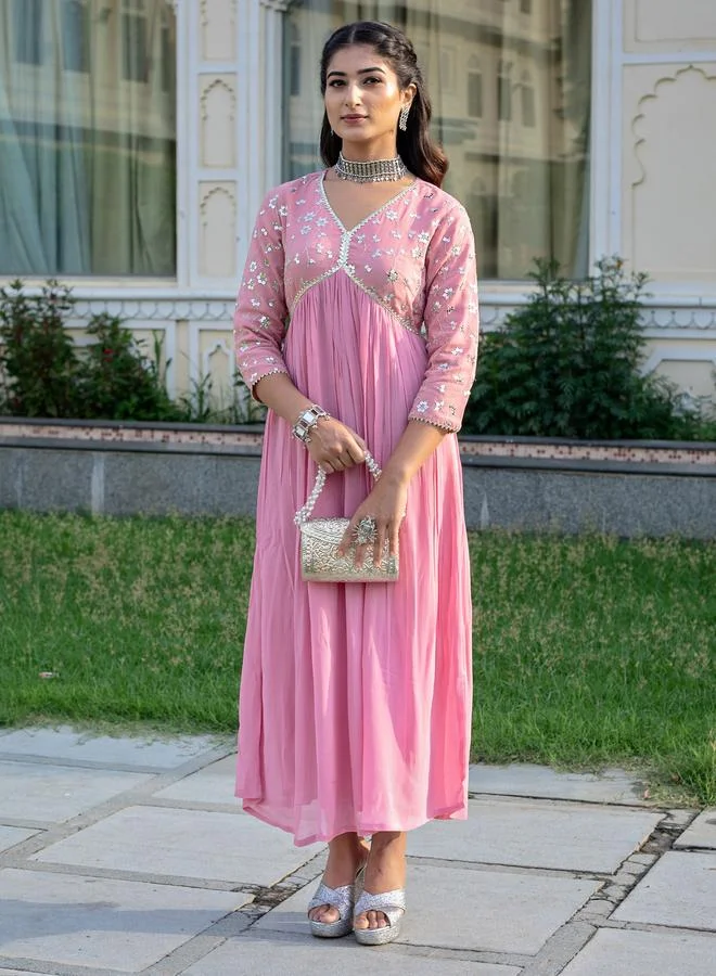 KASYA Pastel Pink Georgette Embroidered A-Line Midi Dress