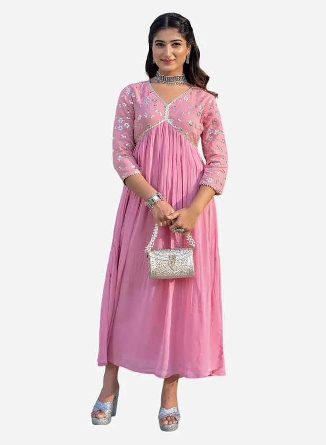 KASYA Pastel Pink Georgette Embroidered A-Line Midi Dress