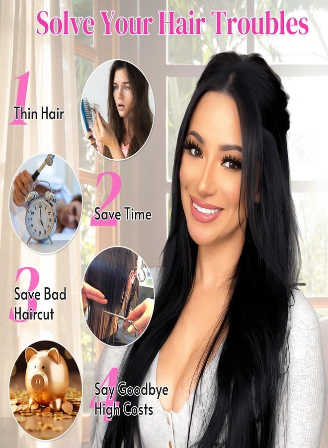 JIAMEISI Clip In Human Hair Extensions,Double Weft Hair Extensions 70g 7pcs Silky Straight Human Hair Clip In Extensions #1B Natural Black 14inch - Image 2