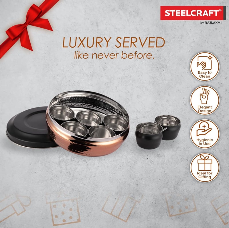 Steelcraft Steelcraft premium Stainless Steel Hammered Round Spice Container/Masala Box with 7 Bowls and 1 Spoon - 1 Unit - Diameter - 20 Cm, Food Grade, Made in India - Image 3