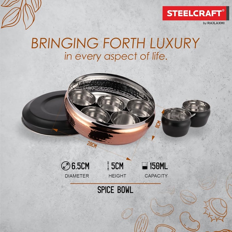 Steelcraft Steelcraft premium Stainless Steel Hammered Round Spice Container/Masala Box with 7 Bowls and 1 Spoon - 1 Unit - Diameter - 20 Cm, Food Grade, Made in India - Image 4