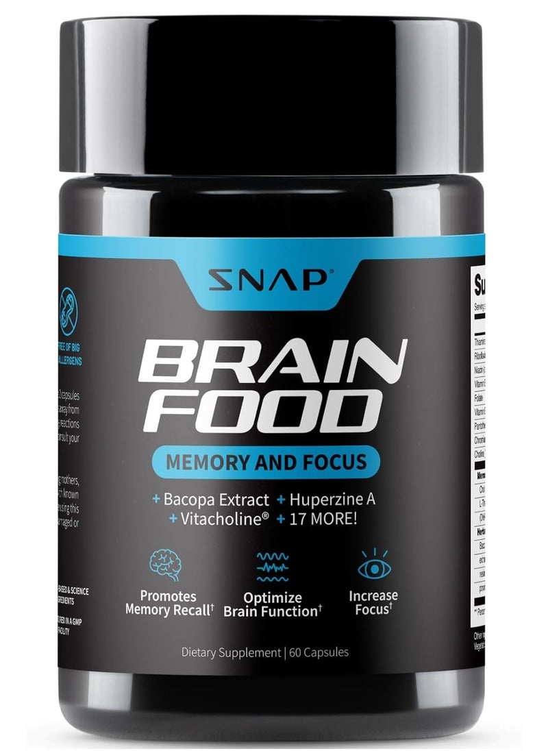 SNAP SUPPLEMENTS - غذاء الدماغ مركب لدعم الذاكرة والتركيز مع مستخلص الباكوبا وهوبرزين أ وفيتاكولين ومكمل غذائي - 60 كبسولة - Image 1