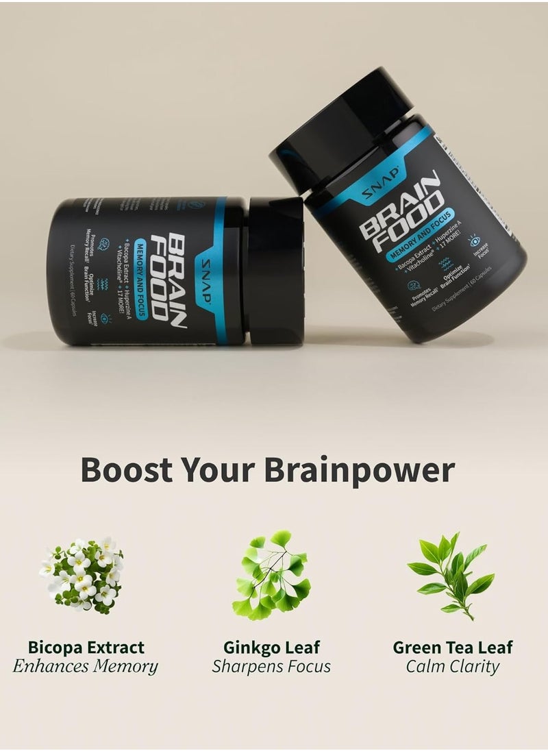 SNAP SUPPLEMENTS - غذاء الدماغ مركب لدعم الذاكرة والتركيز مع مستخلص الباكوبا وهوبرزين أ وفيتاكولين ومكمل غذائي - 60 كبسولة - Image 1