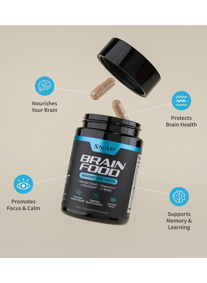 SNAP SUPPLEMENTS - غذاء الدماغ مركب لدعم الذاكرة والتركيز مع مستخلص الباكوبا وهوبرزين أ وفيتاكولين ومكمل غذائي - 60 كبسولة - Image 1