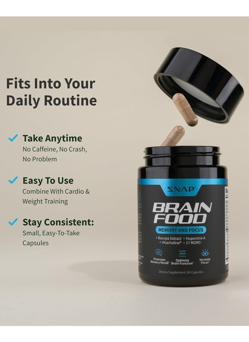 SNAP SUPPLEMENTS - غذاء الدماغ مركب لدعم الذاكرة والتركيز مع مستخلص الباكوبا وهوبرزين أ وفيتاكولين ومكمل غذائي - 60 كبسولة - Image 1