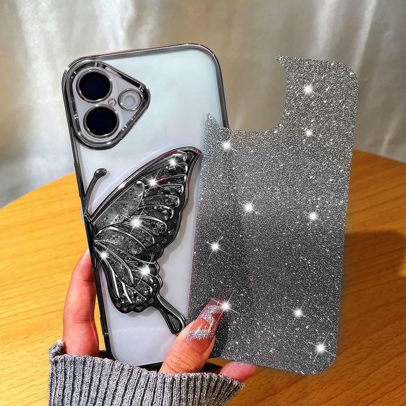 Mobistyle غطاء مصمم لآيفون 16 مع تصميم لامع لجناح فراشة لطيف بتقنية الطلاء الكهربائي للنساء والفتيات المراهقات [سيليكون | أسود] - Image 4