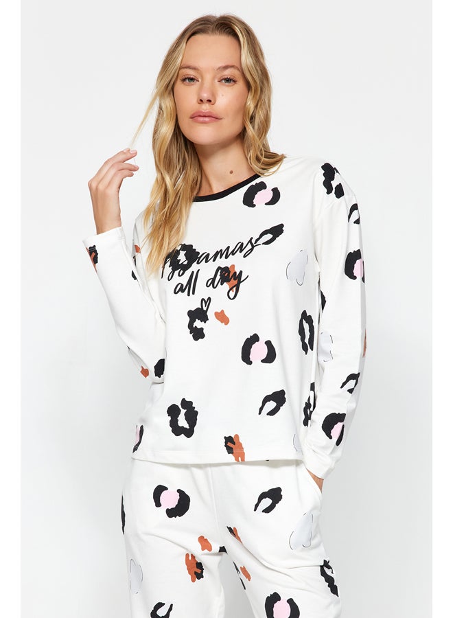 trendyol White 100% Cotton Leopard Pattern Slogan Tshirt-Jogger Knitted Pajamas Set THMAW24PT00211 - Image 4