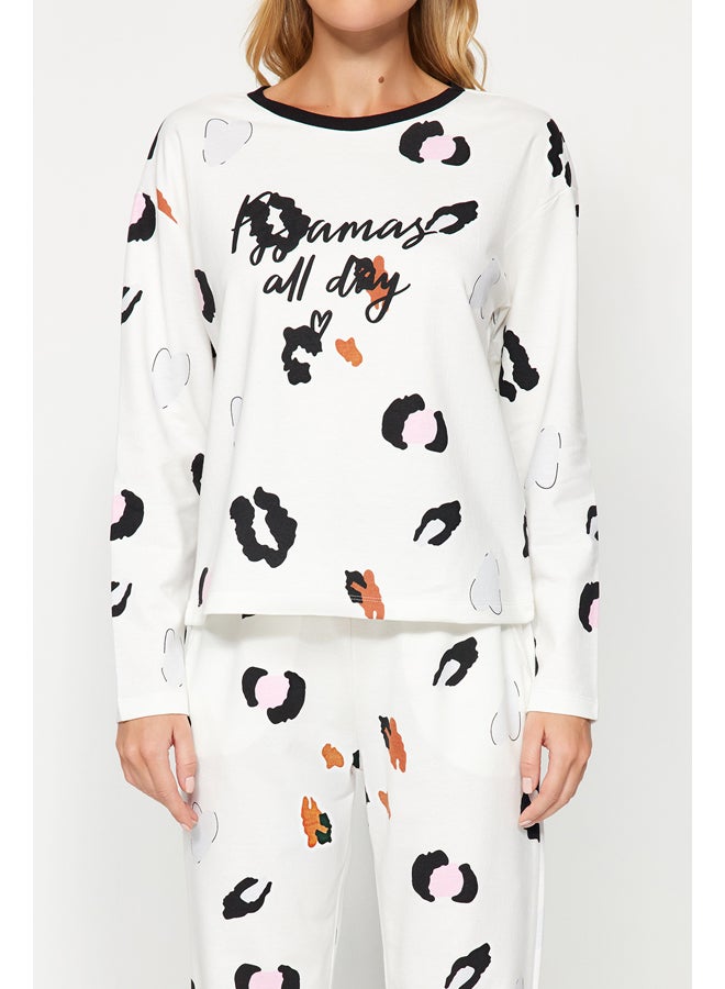 trendyol White 100% Cotton Leopard Pattern Slogan Tshirt-Jogger Knitted Pajamas Set THMAW24PT00211 - Image 5