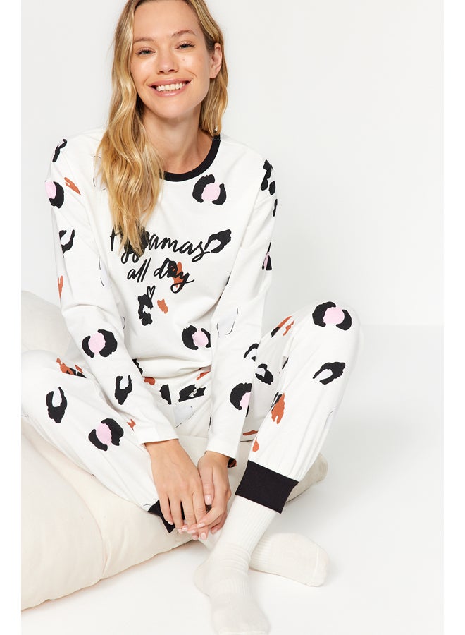 trendyol White 100% Cotton Leopard Pattern Slogan Tshirt-Jogger Knitted Pajamas Set THMAW24PT00211 - Image 1