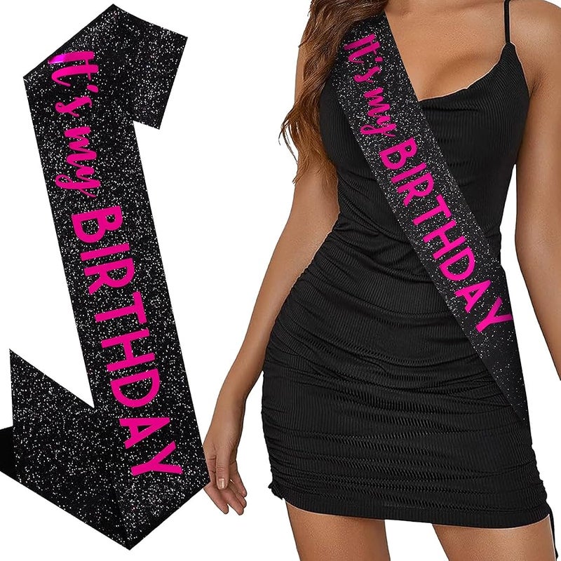 باهابي BAHABY It's My Birthday Sash Black Glitter Sash with Hot Pink Foil Happy Birthday Decorations for Women Girls Men Boys Black Party Decorations - Image 1