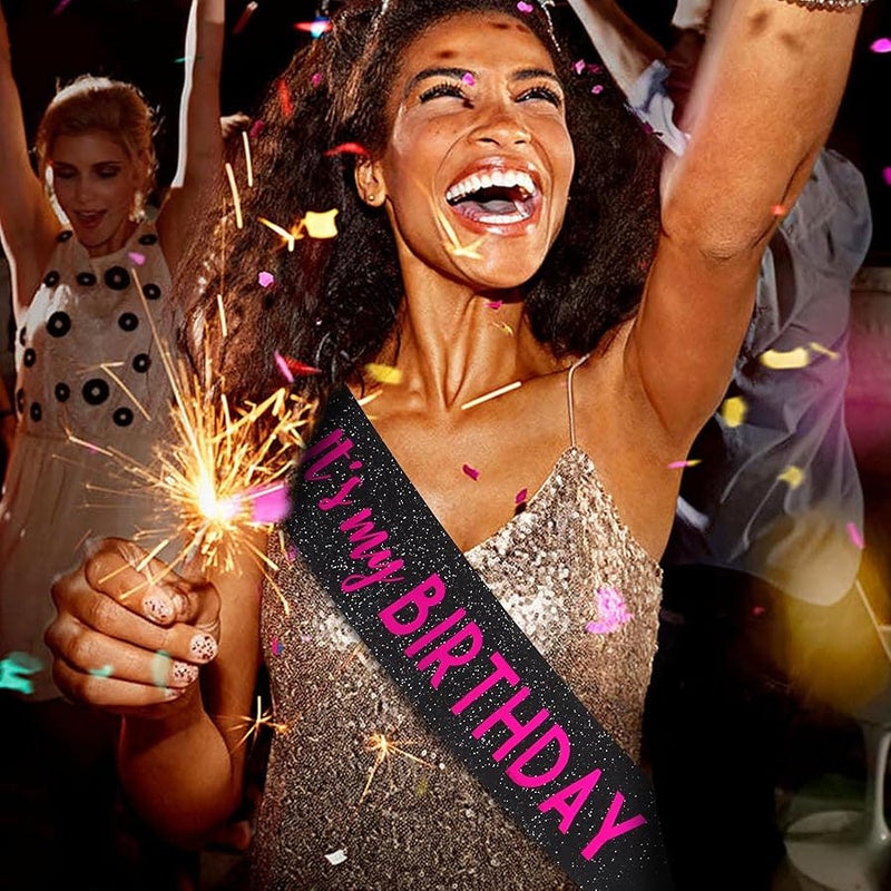 باهابي BAHABY It's My Birthday Sash Black Glitter Sash with Hot Pink Foil Happy Birthday Decorations for Women Girls Men Boys Black Party Decorations - Image 3