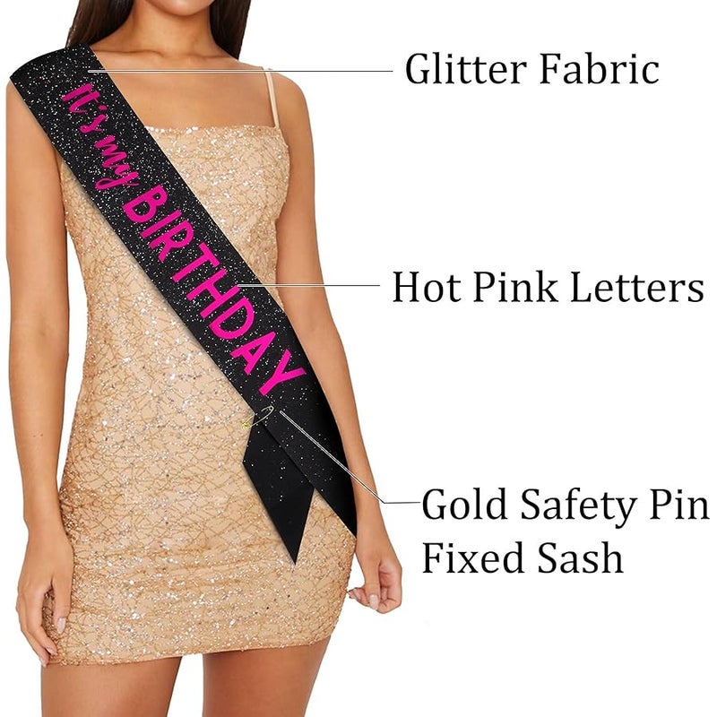 باهابي BAHABY It's My Birthday Sash Black Glitter Sash with Hot Pink Foil Happy Birthday Decorations for Women Girls Men Boys Black Party Decorations - Image 5
