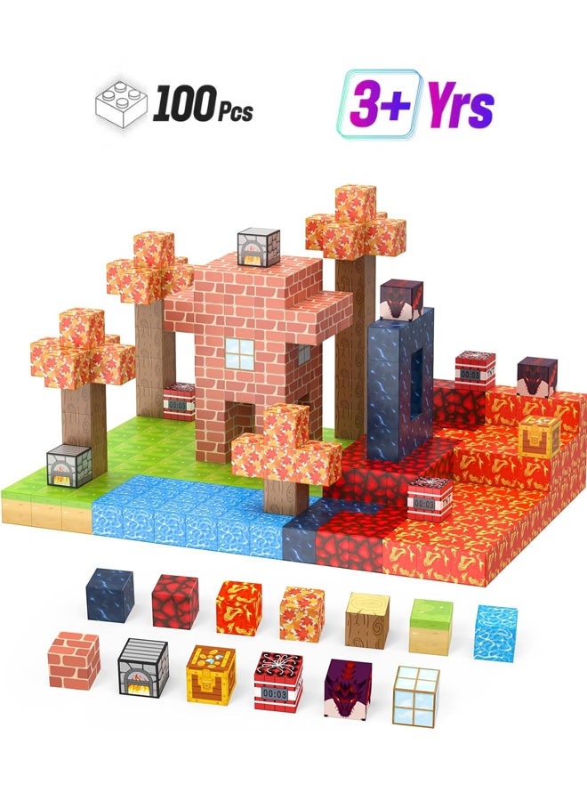 100 Pieces Magnetic Building Blocks -Building Mine Magnets World Set for Children Montessori Creative Toy Magnetic Game Toy for Children from 3+ Years （Maple Adventure） - Image 1