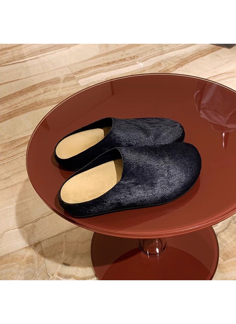 Generic - Grape Mom Autumn New Genuine Leather Row Style Soft Face Lazy One Pedal Thick Bottom Big Head Burkenite Shoes Half Slippers for Women P9758 blue horse hair - Image 1