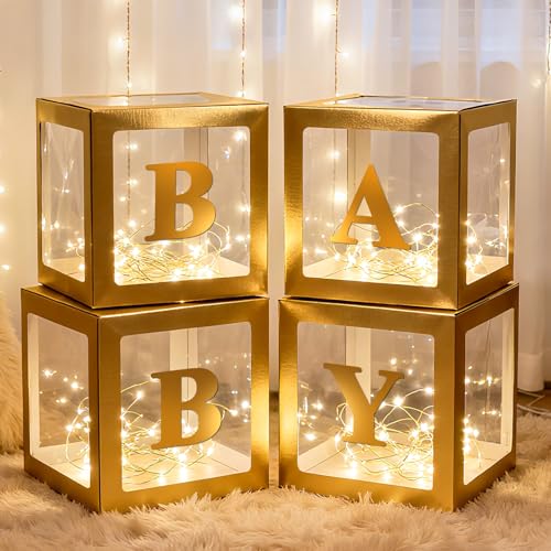 Lovelite Baby Boxes with Letters for Baby Shower, 4 Clear Balloon Boxes with LED Fairy String Lights for Gender Reveal Decorations Boys Girls Birthday Wedding Party Backdrop, Gold - Image 1