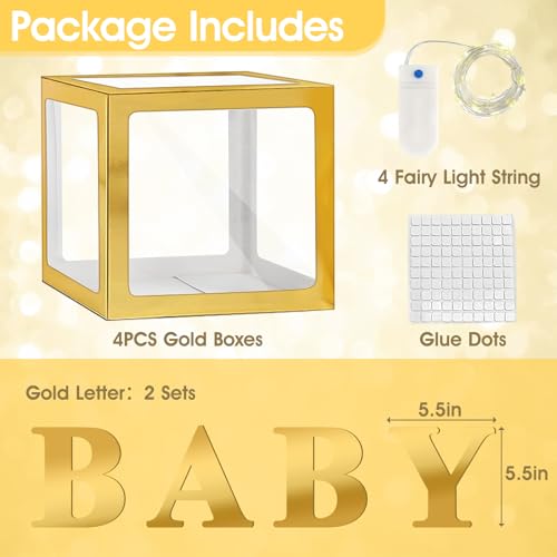 Lovelite Baby Boxes with Letters for Baby Shower, 4 Clear Balloon Boxes with LED Fairy String Lights for Gender Reveal Decorations Boys Girls Birthday Wedding Party Backdrop, Gold - Image 4