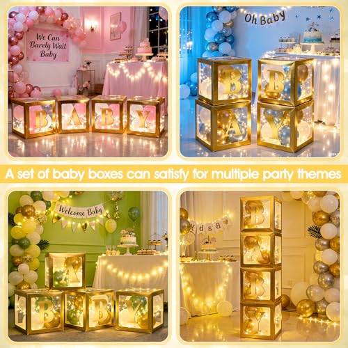 Lovelite Baby Boxes with Letters for Baby Shower, 4 Clear Balloon Boxes with LED Fairy String Lights for Gender Reveal Decorations Boys Girls Birthday Wedding Party Backdrop, Gold - Image 3