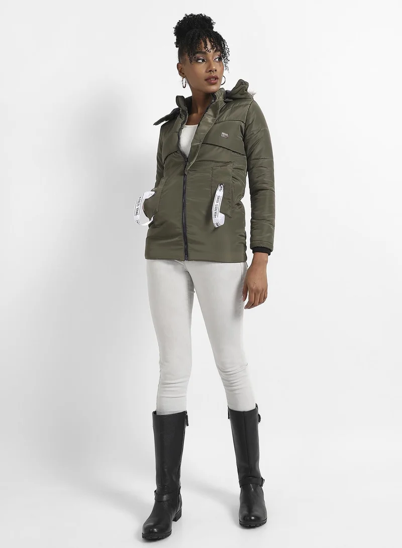 Campus Sutra Women's Olive Green Long Puffer Jacket With Fur Detail