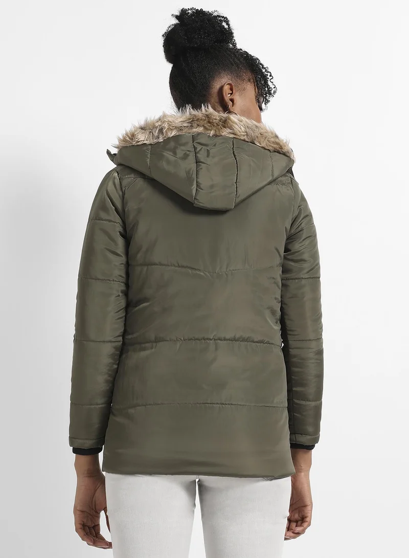 Campus Sutra Women's Olive Green Long Puffer Jacket With Fur Detail