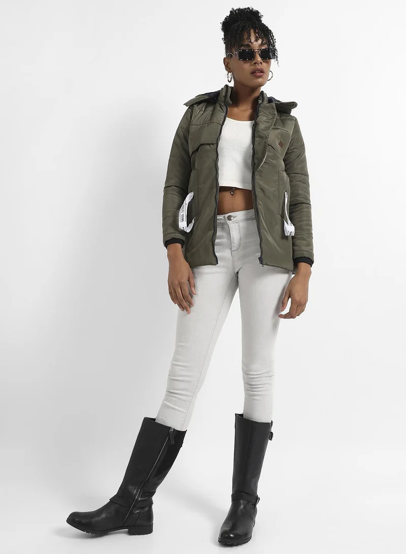Campus Sutra Women's Olive Green Long Puffer Jacket With Fur Detail