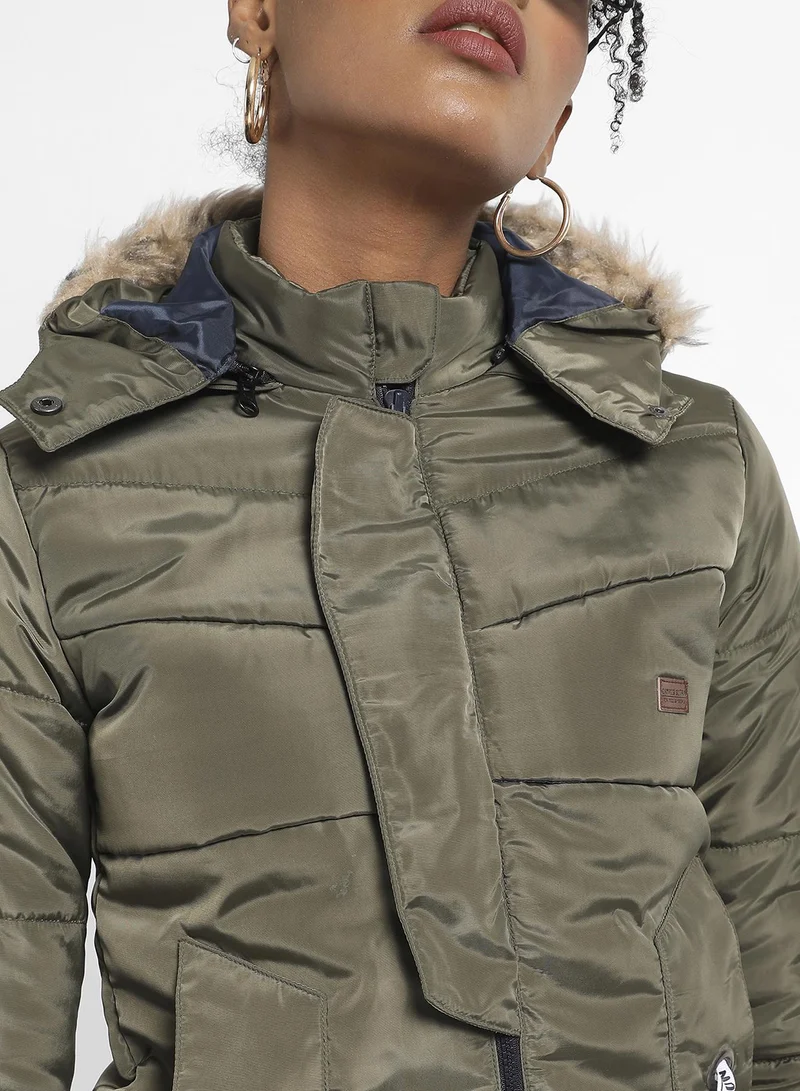 Campus Sutra Women's Olive Green Long Puffer Jacket With Fur Detail