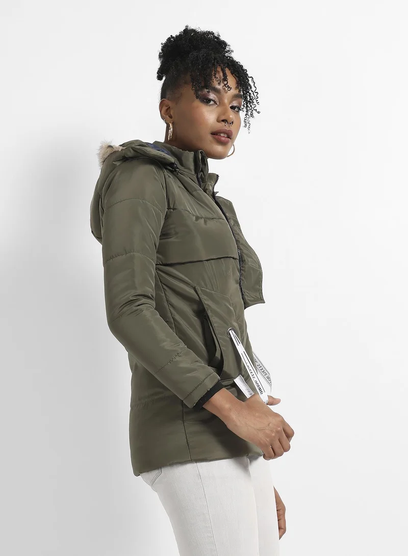 Campus Sutra Women's Olive Green Long Puffer Jacket With Fur Detail