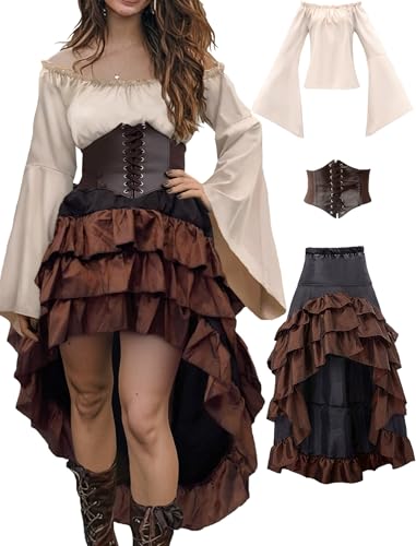 Verceco Pirate Costume Women Outfit with Renaissance Pirate Shirt Skirt Corset Waist Belt Womens Halloween Pirate Costumes Beigebrown S - Image 1