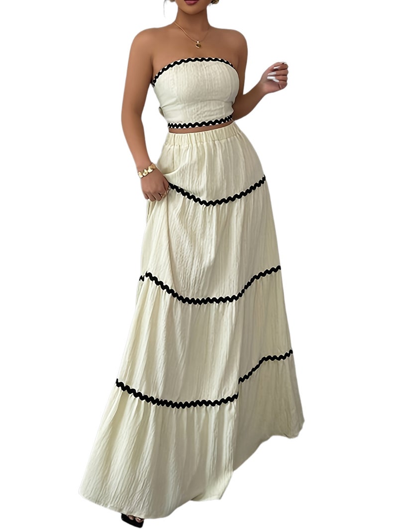 Sexy Ruched Lace Sleeveless Camisole Fashion Casual High-Waist Long Skirt Set - Image 1