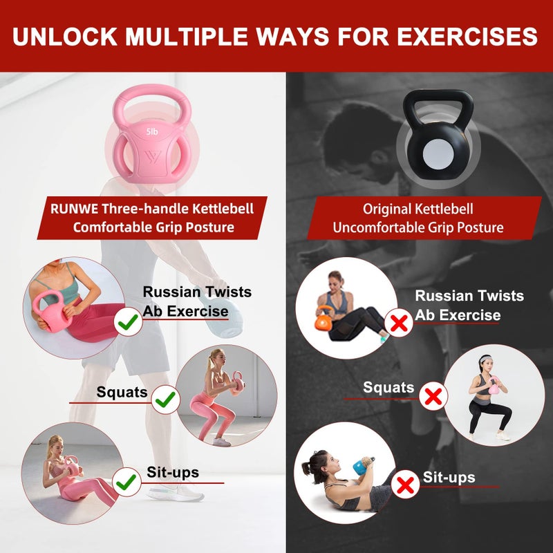 RUNWE 20 lb Kettlebell Weight with Three-handles for Russian Twists AB Exercise, Weightlifting and Core Training All-Purpose Fitness Exercise Home Gym [Pink] - Image 4
