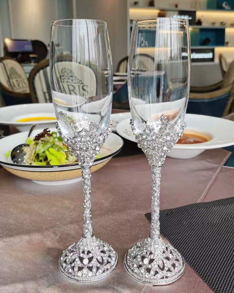 Jozen Gift Champagne Flutes - Crystal Glass Metal Base With Crystal Stones, Set of 2 Toasting Flute Pair, Wedding Anniversary Party Birthday Banquets and Gifts for Bride and Groom(Silver) - Image 4