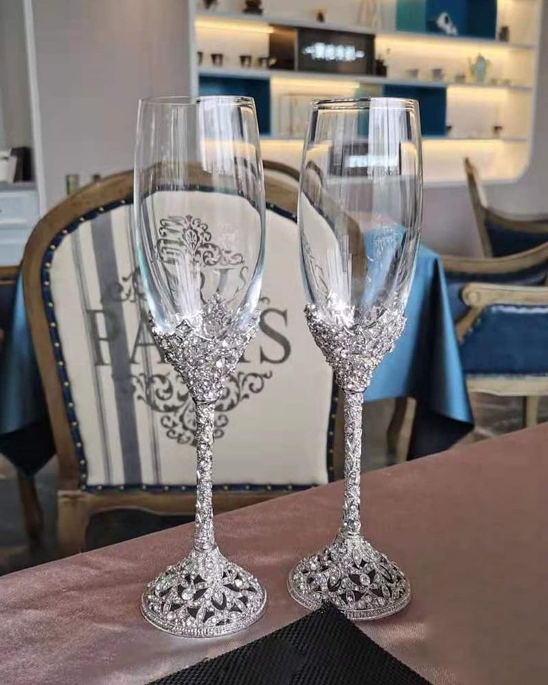 Jozen Gift Champagne Flutes - Crystal Glass Metal Base With Crystal Stones, Set of 2 Toasting Flute Pair, Wedding Anniversary Party Birthday Banquets and Gifts for Bride and Groom(Silver) - Image 5