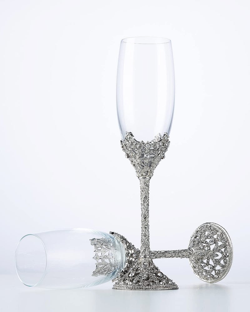 Jozen Gift Champagne Flutes - Crystal Glass Metal Base With Crystal Stones, Set of 2 Toasting Flute Pair, Wedding Anniversary Party Birthday Banquets and Gifts for Bride and Groom(Silver) - Image 3