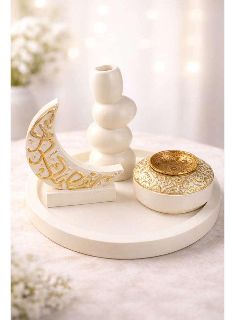 ba9ma Elegant Ramadan Décor Set – 4 Pieces in Off-White Color Made of Polyester (Incense Burner, Vase, Crescent Moon & Tray)