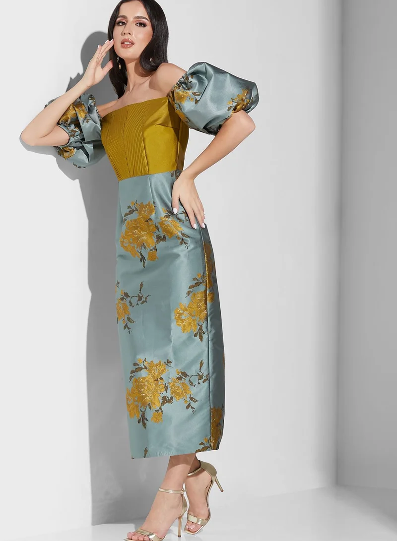 Threadz by Ajooni Bardot Floral Balloon Sleeve Dress
