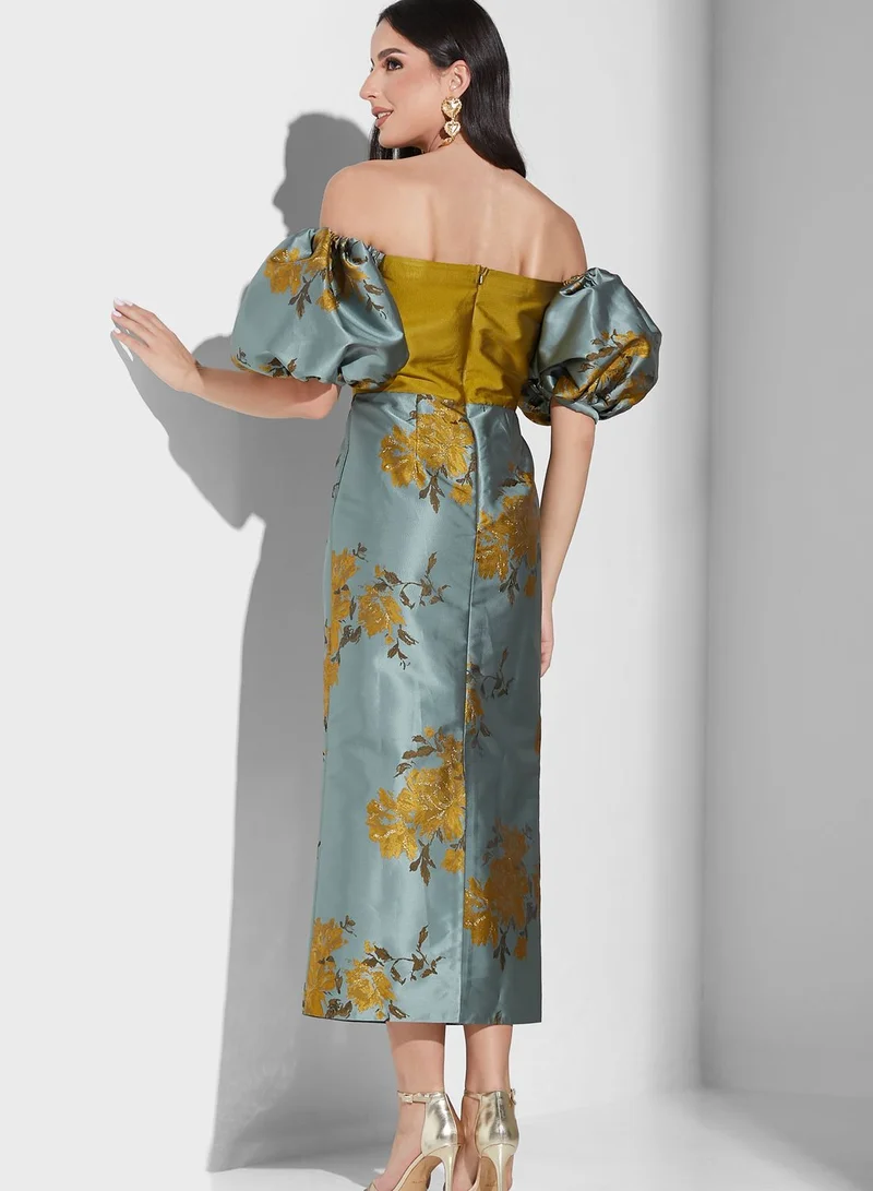 Threadz by Ajooni Bardot Floral Balloon Sleeve Dress