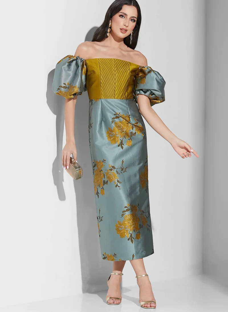 Threadz by Ajooni Bardot Floral Balloon Sleeve Dress